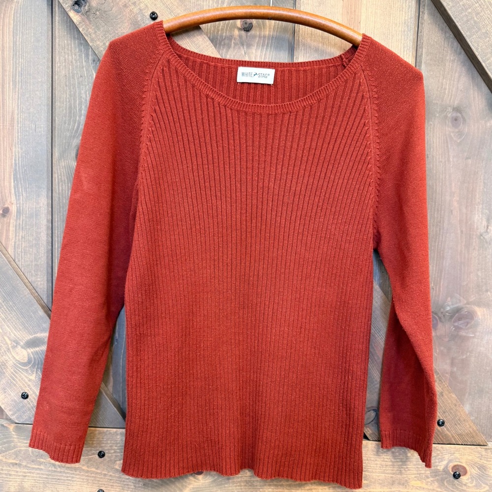White Stag Ribbed Sweater Womens Medium Rust Orange Good Boat Neck Raglan Sleeve